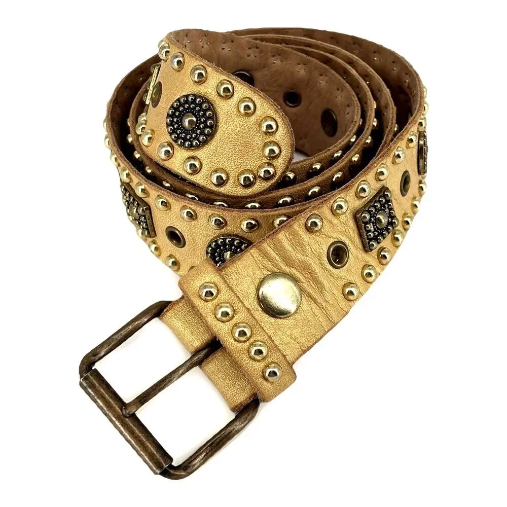 Sand Castle New York Metallic Gold Studded Women's 42.5” Soft Leather Belt EUC